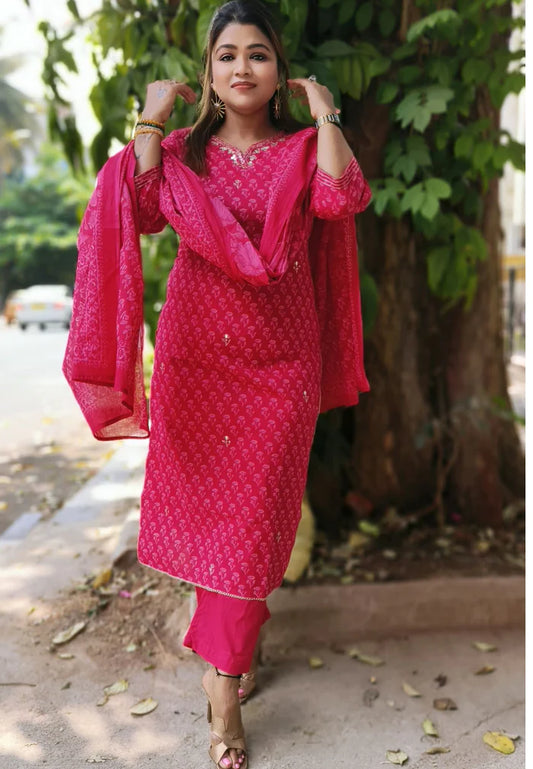 Beautiful Floral Pink Cotton Summer Full Suit with Pitten Gotta Embroidery- 04483